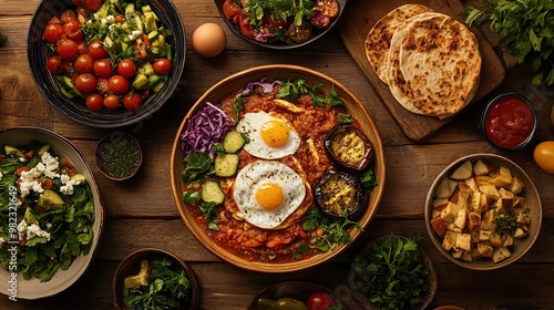 A vibrant spread of dishes featuring eggs, vegetables, and salads on a wooden table.