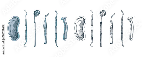 Hand drawn stomatology attributes. Professional dental tools  vintage vector illustration set isolated on white background. Equipment for orthodontists.