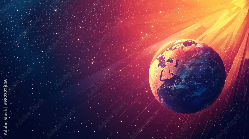 Fototapeta premium This vector illustration showcases planet Earth amidst colorful cosmic elements, illuminated by radiant rays of sunlight against a starry backdrop.