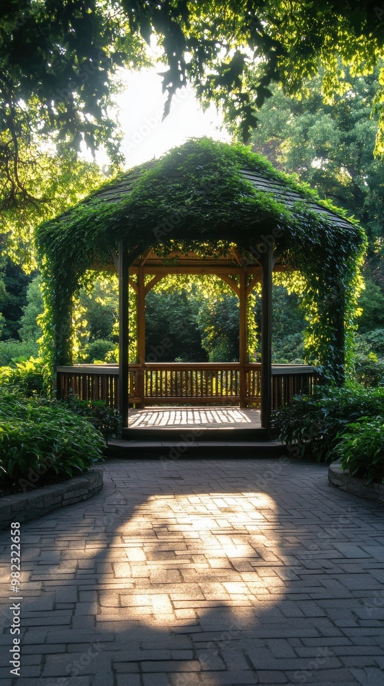 An ivy-covered gazebo in a sunlit park An ivy-covered gazebo in a sunlit park