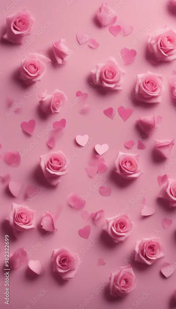 Big flying blurred pink roses heads and confetti paper pink hearts isolated on smooth solid pastel p Big flying blurred pink roses heads and confetti paper pink hearts isolated on smooth solid pastel p