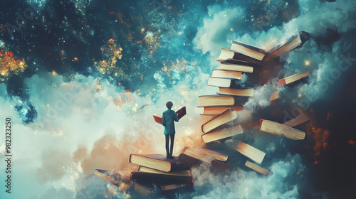 This 2D illustration captures a dreamlike, abstract scene, depicting a person immersed in an imaginative world. Surrounded by floating books and whimsical elements, the artwork conveys a sense of wond photo