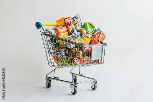 Full shopping cart with assorted grocery products