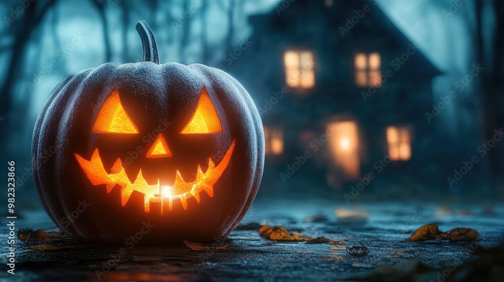 Halloween pumpkin with candlelight in front of a haunted house background, Halloween pumpkin with candlelight in front of a haunted house background,