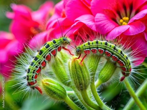 Tender green caterpillars munch on delicate pink geranium blooms, their fuzzy bodies a stark contrast to the bold, crimson stems. photo