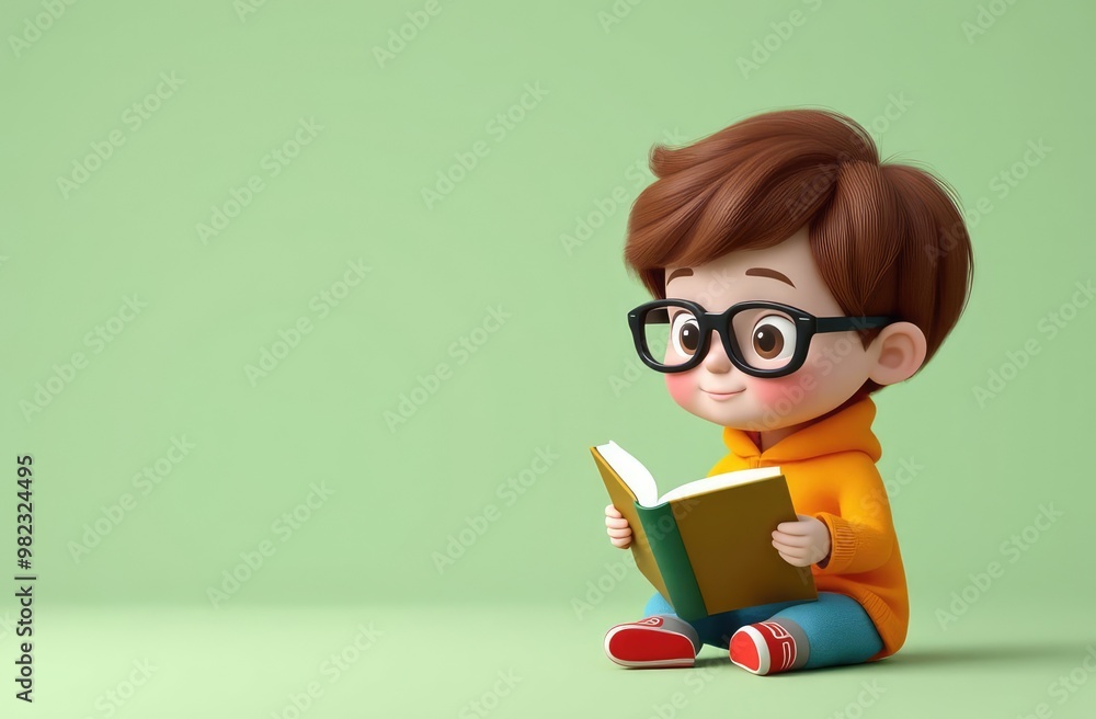 funny 3D illustration of child learning to read with oversized glasses on solid pale green backdrop funny 3D illustration of child learning to read with oversized glasses on solid pale green backdrop