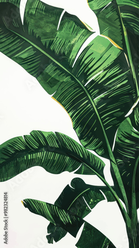 Silkscreen on paper of a banana leaves vegetation produce person.