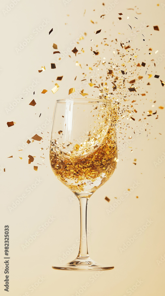 Gold glittering confetti exploding from champagne glass on light background, copy space, party invitation. Generative AI Gold glittering confetti exploding from champagne glass on light background, copy space, party invitation. Generative AI