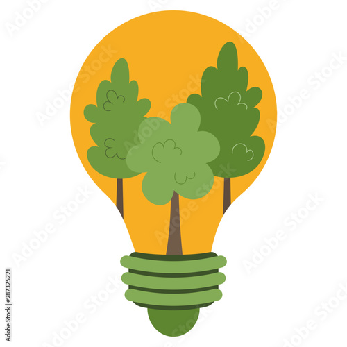 Trees grow in a light bulb. Think green. Natural resources. Green energy. Power save and energy consumption concept. Environmental protection. Eco friendly. Sustainable living. Vector illustration.
