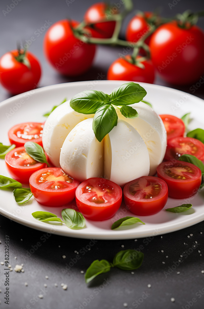 .Caprese style appetizer with sliced marinated cheese, ripe tomatoes, and fresh basil leaves on white plate. Vertical, side view, dark grey background. .Caprese style appetizer with sliced marinated cheese, ripe tomatoes, and fresh basil leaves on white plate. Vertical, side view, dark grey background.