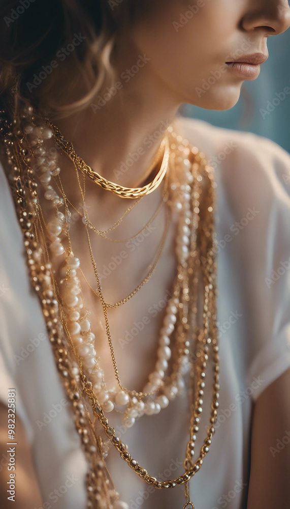 Closeup of trendy summer layered necklaces with pearls beads and gold chains around the collar of a Closeup of trendy summer layered necklaces with pearls beads and gold chains around the collar of a