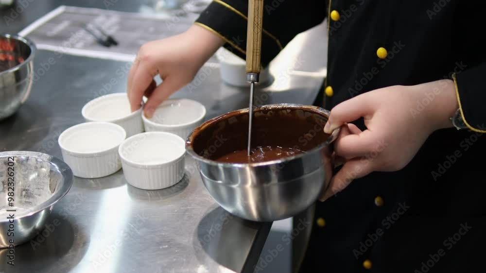 add flour to brownie batter Step by step the process of making Chocolate cakes.Woman's hands mix eggs and butter using a mixer. Processes of preparation of chocolate brownies close-up on the table. add flour to brownie batter Step by step the process of making Chocolate cakes.Woman's hands mix eggs and butter using a mixer. Processes of preparation of chocolate brownies close-up on the table.