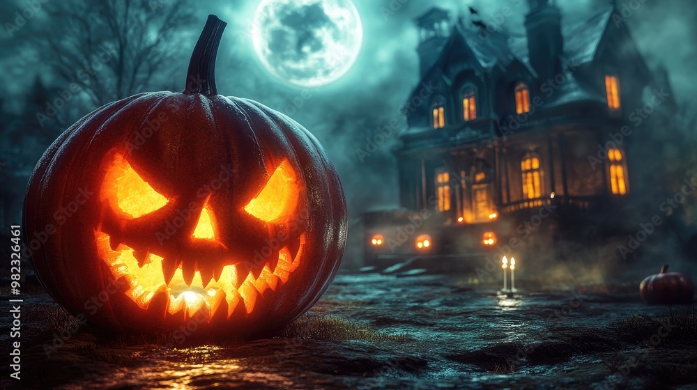 Halloween pumpkin with candlelight in front of a haunted house background, Halloween pumpkin with candlelight in front of a haunted house background,