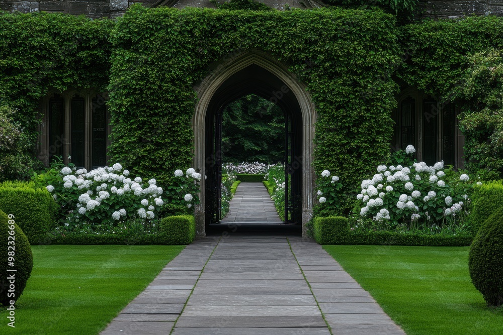 Fototapeta premium A classic English garden with ivy adorning an arched doorway