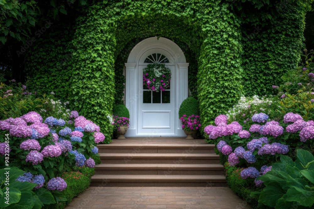 A classic English garden with ivy adorning an arched doorway A classic English garden with ivy adorning an arched doorway