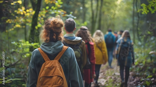Fototapeta Naklejka Na Ścianę i Meble -  Group of people on a mindful nature walk in a lush forest exploring the sights sounds and smells of the serene environment