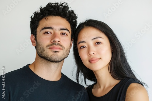 Close-up of diverse couple, neutral backdrop, serene expressions photo