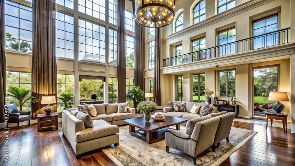 * The expansive living room features a ceiling that stretches upwards, abundant natural light from large windows, and * The expansive living room features a ceiling that stretches upwards, abundant natural light from large windows, and