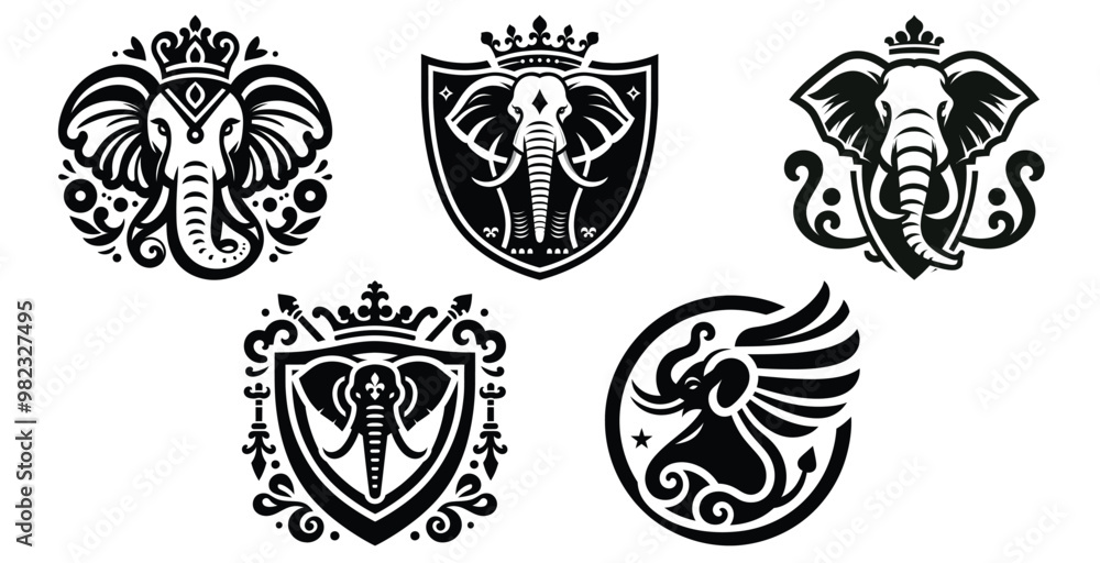 Obraz premium Royal elephant crest icons in black and white, vector illustration, logo design and branding