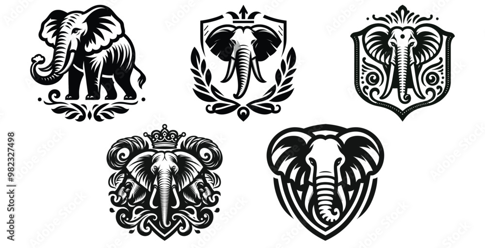 Black and white intricate elephant crests vector illustrations, decorative elements, logo design Black and white intricate elephant crests vector illustrations, decorative elements, logo design