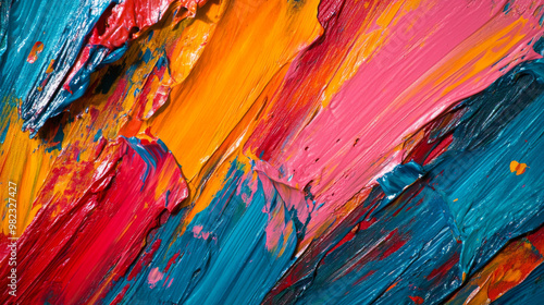 An abstract painting on canvas bursts with vibrant color and dynamic texture, showcasing the artist's bold brushstrokes. Layers of thick paint create a rich, tactile surface, inviting viewers to explo photo