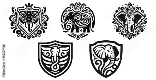 Ornate elephant emblem designs vector illustration black and white perfect for logos and tattoos