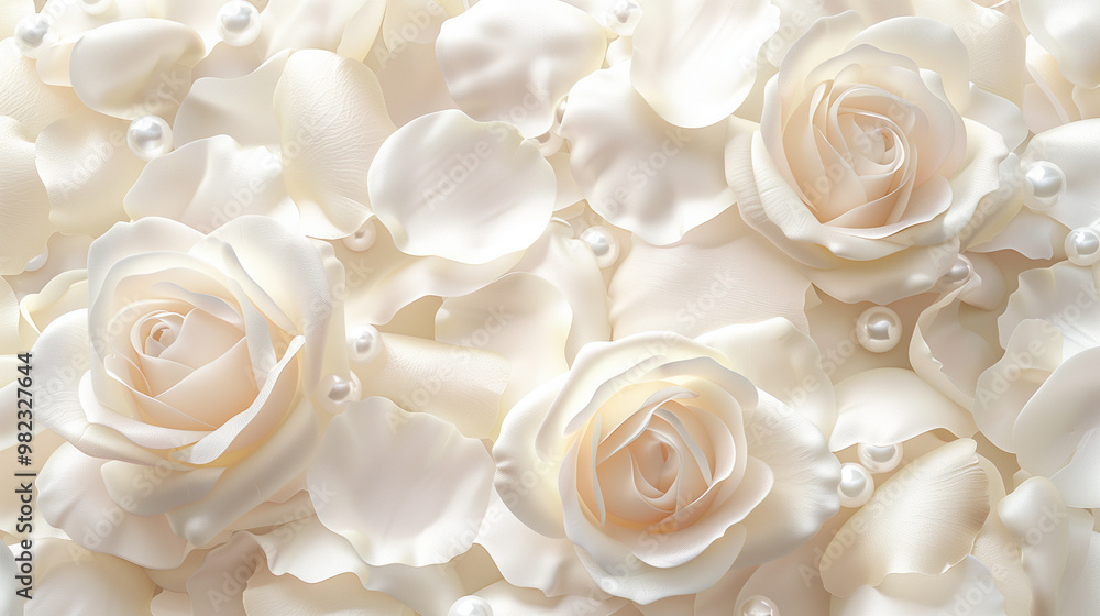 Creamy delicate roses and petals, pearls in soft lighting, elegant romantic composition Creamy delicate roses and petals, pearls in soft lighting, elegant romantic composition