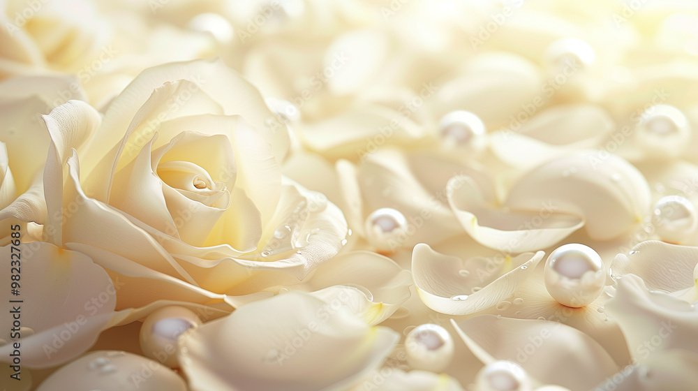 Creamy delicate roses and petals, pearls in soft lighting, elegant romantic composition Creamy delicate roses and petals, pearls in soft lighting, elegant romantic composition