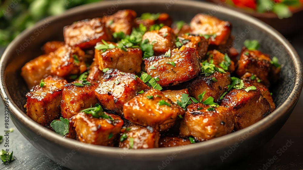 Close-up of crispy tofu bites with herbs in a bowl. Close-up of crispy tofu bites with herbs in a bowl.