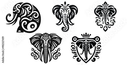 Tribal elephant head illustrations, detailed black and white vector designs, versatile use