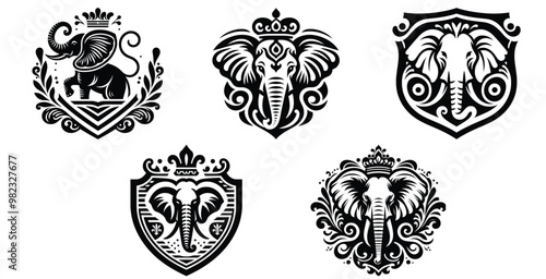 Ornate elephant crests, black and white vector illustration, regal and decorative design