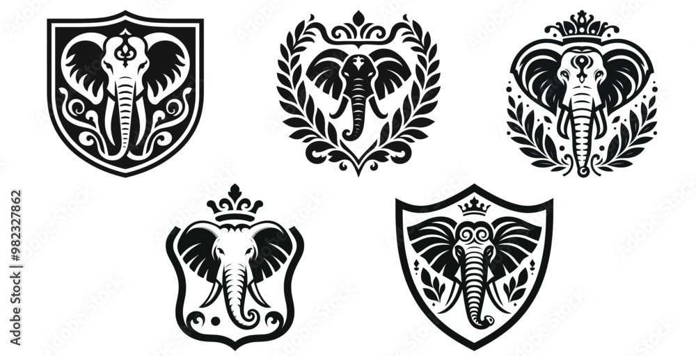 Ornate elephant crests vector illustration in black and white; perfect for logo or tattoo design Ornate elephant crests vector illustration in black and white; perfect for logo or tattoo design