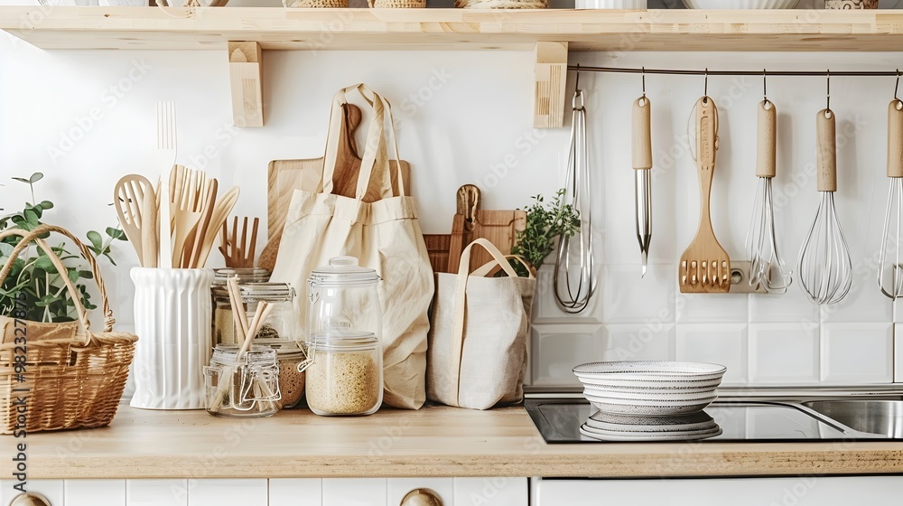 Sustainable Kitchenware Displaying Eco Conscious Consumerism Concept with Reusable Silicone Bags Metal Straws and Compostable Brushes Sustainable Kitchenware Displaying Eco Conscious Consumerism Concept with Reusable Silicone Bags Metal Straws and Compostable Brushes