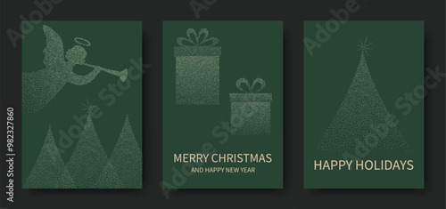 Merry Christmas and Happy New Year, luxury postcard, greeting, poster, vector holiday illustration set. Angel, Christmas tree, gifts on green background.