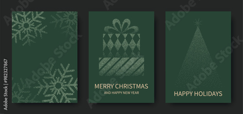 Merry Christmas and Happy New Year, luxury brochure covers, cards, greetings, poster, holiday vector illustration set. Snowflakes, Christmas tree, gifts on green background.