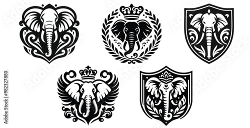 Elephant emblem designs in black and white, vector illustration, ideal for logo or tattoo art