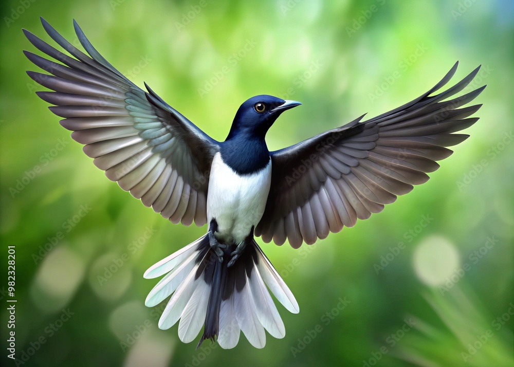 Free-form winged bird with sleek black body, white belly, and ...