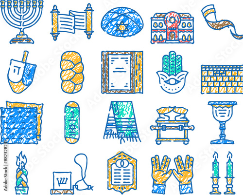 judaism religion jewish doodle icons set vector. sketch line art jew israel, synagogue hanukkah, star hanuka, people, israeli hebrew, holocaust judaism religion jewish color illustrations