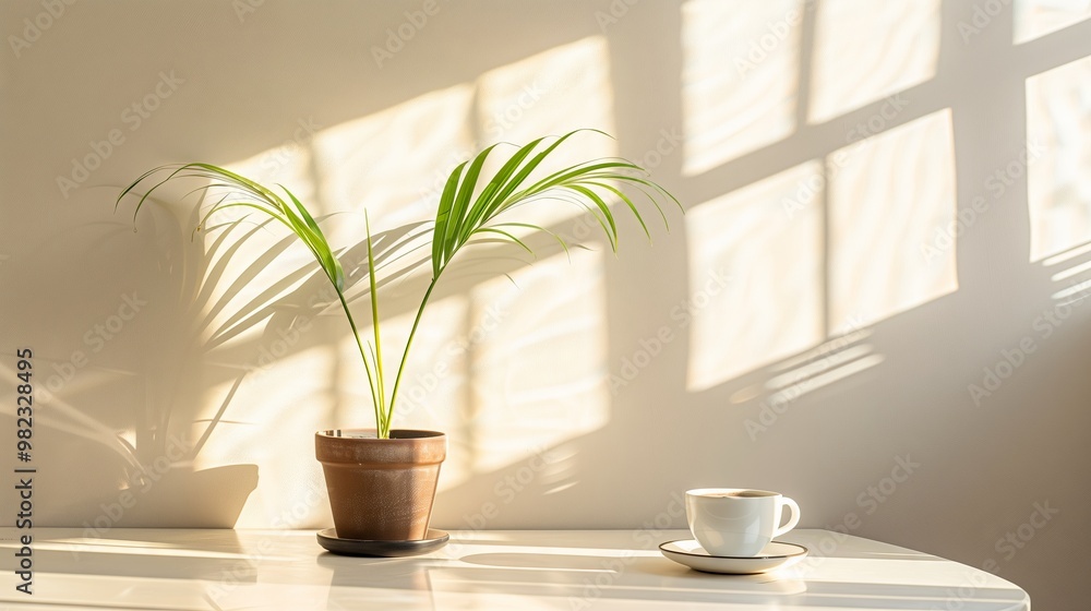Peaceful Morning with Sunlit Potted Plant and Coffee, Everyday Zen Peaceful Morning with Sunlit Potted Plant and Coffee, Everyday Zen