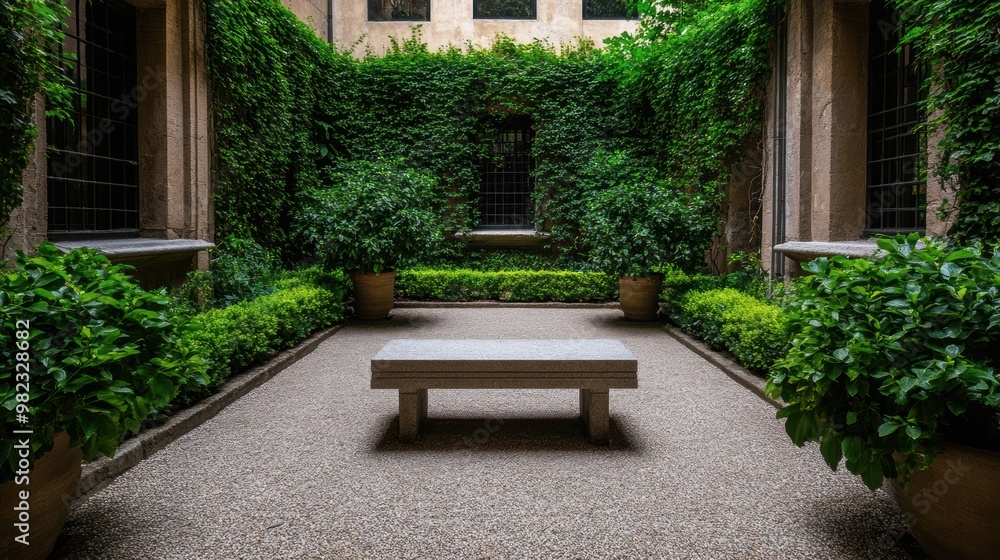 A serene courtyard garden with ivy-covered walls and a simple stone bench A serene courtyard garden with ivy-covered walls and a simple stone bench