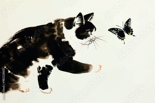Cat chasing black butterfly