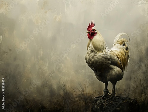 White Rooster Standing Proud in a Misty Countryside