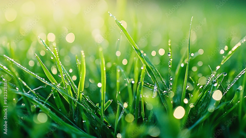 Dew-covered blades of grass in a sunlit meadow Dew-covered blades of grass in a sunlit meadow