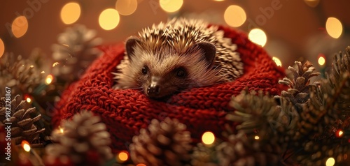 Cute hedgehog snuggled in warm red scarf among pine cones and festive lights, perfect for holiday themes. photo