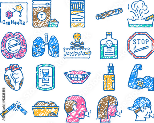 nicotine tobacco unhealthy doodle icons set vector. sketch line art health product, danger snus, chemical pouch, box lifestyle, cigarette smoking nicotine tobacco unhealthy color illustrations