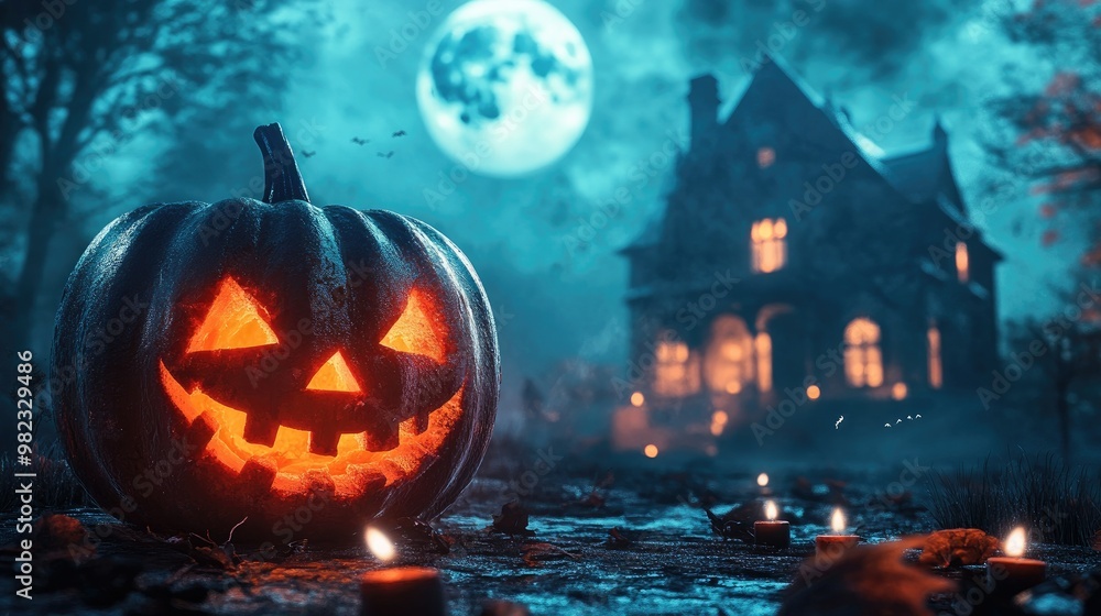 Halloween pumpkin with candlelight in front of a haunted house background, Halloween pumpkin with candlelight in front of a haunted house background,