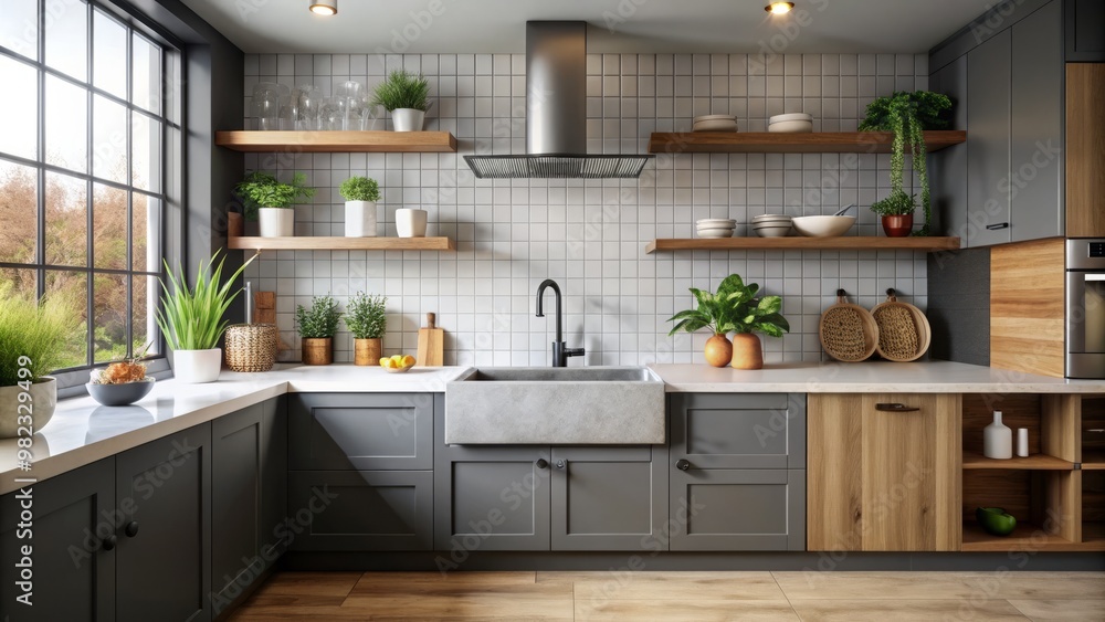 The modern kitchen features a sleek design with white countertops and a dark gray backsplash, creating a striking The modern kitchen features a sleek design with white countertops and a dark gray backsplash, creating a striking