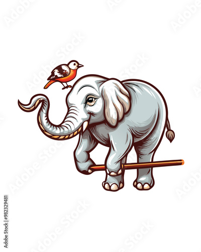 A cartoon elephant balancing on a tightrope, a small bird perched on its head.