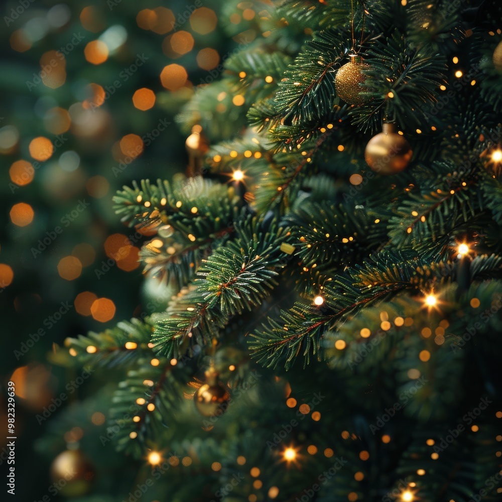 Close-up of a beautifully decorated Christmas tree with golden ornaments and twinkling lights creating a festive holiday atmosphere. Close-up of a beautifully decorated Christmas tree with golden ornaments and twinkling lights creating a festive holiday atmosphere.