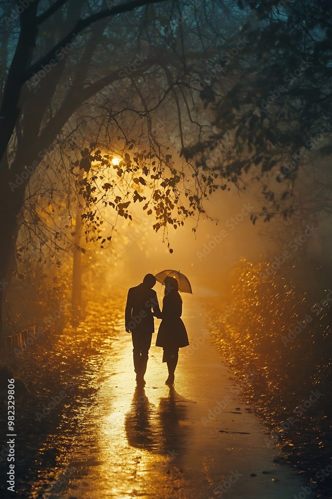 Silhouette of a couple walking under an umbrella in a foggy park at night. Silhouette of a couple walking under an umbrella in a foggy park at night.